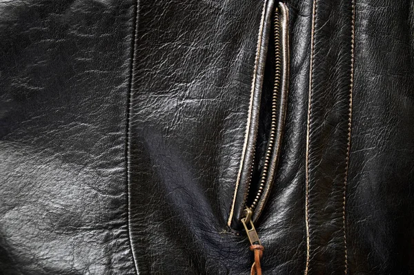 Detail Old Leather Motorcycle Jacket Focusing Unzipped Side Pocket — Stock Photo, Image