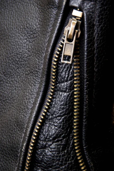 Detail Old Leather Biker Jacket Focusing Brass Wrist Zipper Zipper — Stock Photo, Image