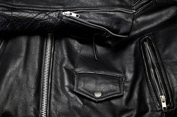 Detail Old Black Leather Police Style Motorcycle Jacket Focusing Zippers — Stock Photo, Image