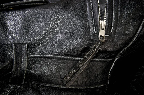 Detail Old Black Leather Police Style Motorcycle Jacket Focusing Belt — Stock Photo, Image