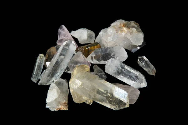 Numerous Magical Clear Quartz Crystal Points Black Background Close Black — Stock Photo, Image