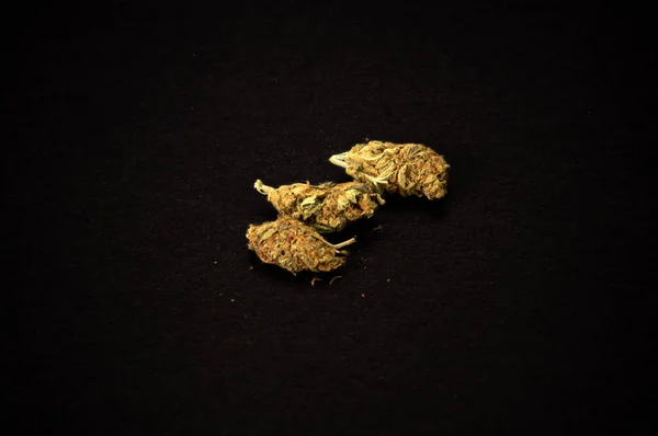Drei Knospen Medizinisches Marihuana Auf Schwarzem Hintergrund Verwendet Als Freizeitdroge — Stockfoto