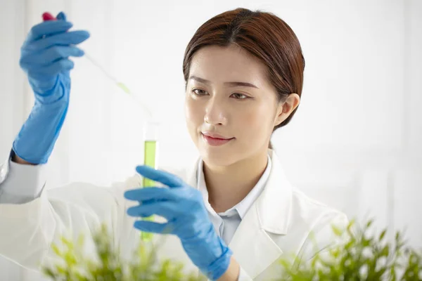 Young Woman Plants Scientist Watching Test Tube — Stock Photo, Image