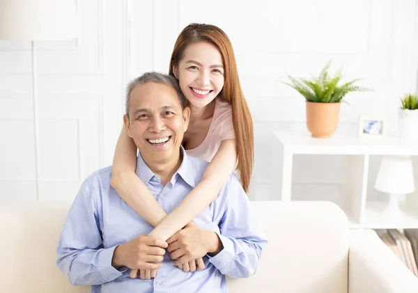 Happy Asian Daughter Holding Father Sofa — Stock Photo, Image