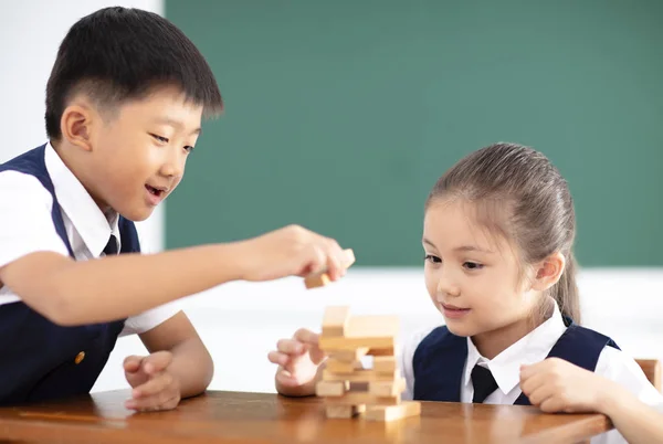 Happy Children Playing Wood Blocks Classroom — Stock Photo, Image