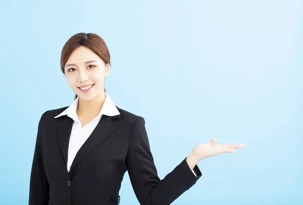 Mujer Negocios Feliz Con Gesto Muestra — Foto de Stock