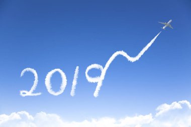 mutlu yeni yıl 2019 ve iş büyüme concept.drawing uçak tarafından