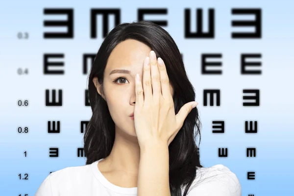 Young Woman Eyesight Test Chart Background — Stock Photo, Image