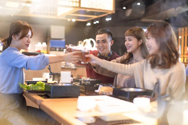 Happy Young People Friends Toasting Eating Restaurant — Stock Photo, Image