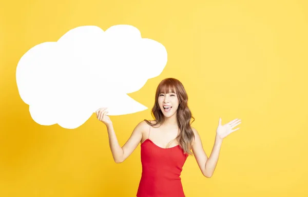 Young woman with Speech Bubble Making an Announcement — 스톡 사진