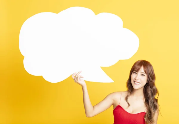 Young woman with Speech Bubble Making an Announcement — 스톡 사진