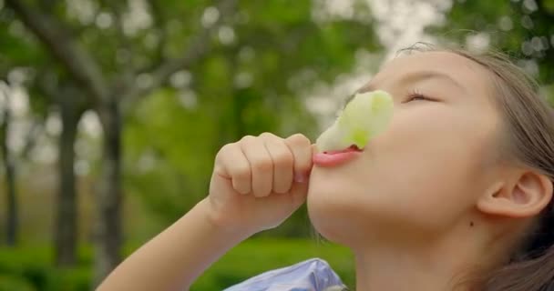 Glad Liten Flicka Äter Popsicle Sommaren — Stockvideo