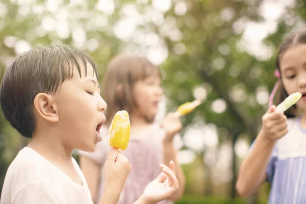 Szczęśliwe dzieci jedzą Popsicle w latem — Zdjęcie stockowe