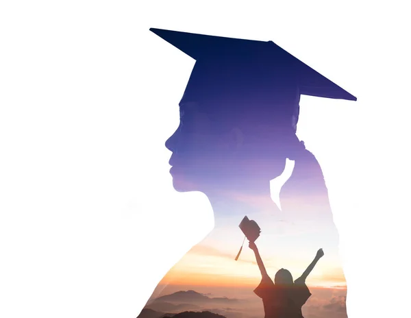 Double exposure  of Student  Graduation watching the sunrise — Stock Photo, Image