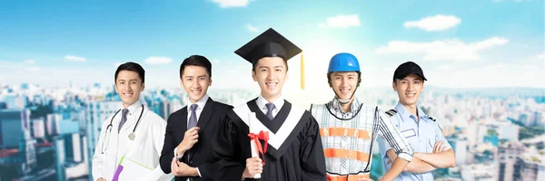 People in different occupations standing with graduation — Stock Photo, Image