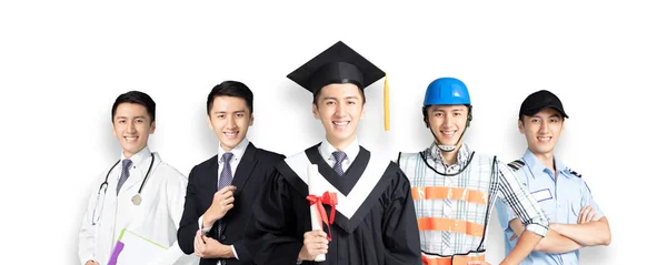 People in different occupations standing with graduation — Stock Photo, Image