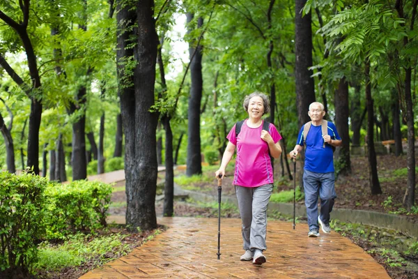 Asian senior couple hiking on the forest park — Stock Photo, Image