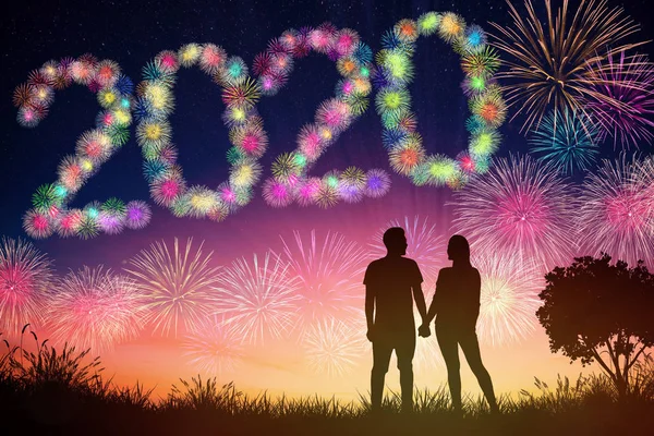 Feliz ano novo 2020 conceitos. jovem casal assistindo fogos de artifício o — Fotografia de Stock