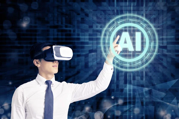 Homme d'affaires en lunettes VR et pointant vers l'Artifi numérique lumineux — Photo