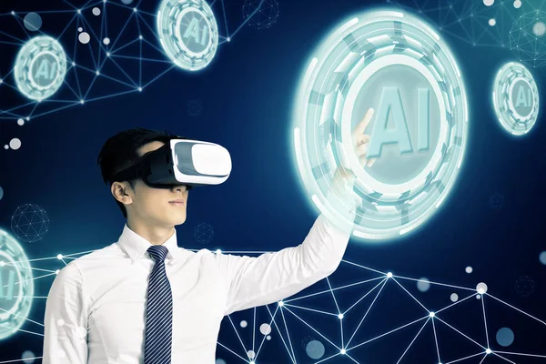 Zakenman in vr-bril en wijzend op gloeiende digitale Artifi — Stockfoto