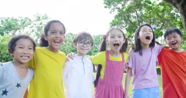 Многонациональная Группа Школьников Смеется Обнимается — стоковое видео