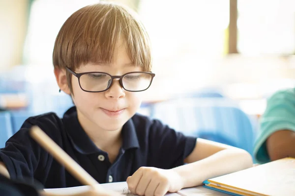 Boldog általános iskola gyerek tanulmány az osztályteremben — Stock Fotó