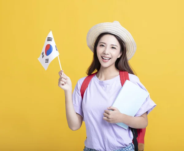 Jovem menina asiática estudante mostrando a bandeira da Coréia — Fotografia de Stock