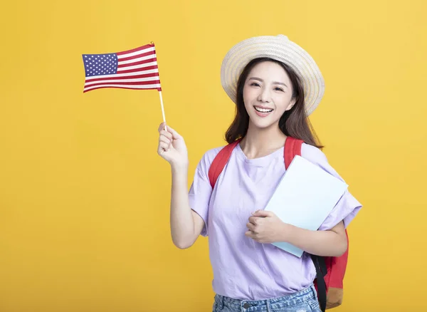 Młody Asian Girl student pokazując flagę USA — Zdjęcie stockowe