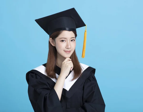Happy asian female graduate student isolated — Stock Photo, Image