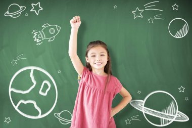 mutlu küçük kız rüya uzay kavramları keşfetmek için