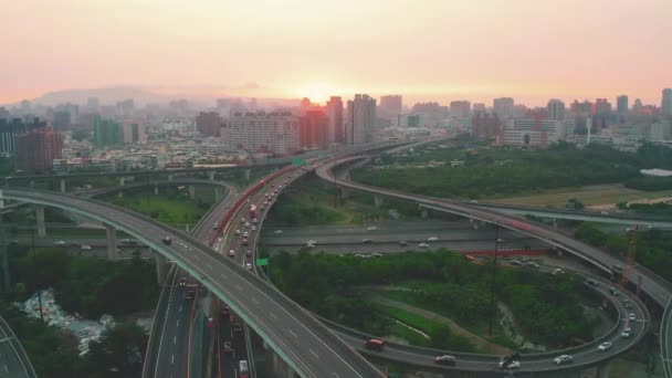 Aerial View Freeway Traffic Sunset — Stock Video
