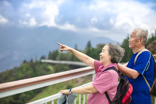 Aziatische Senior paar wandelen in het park van de berg — Stockfoto