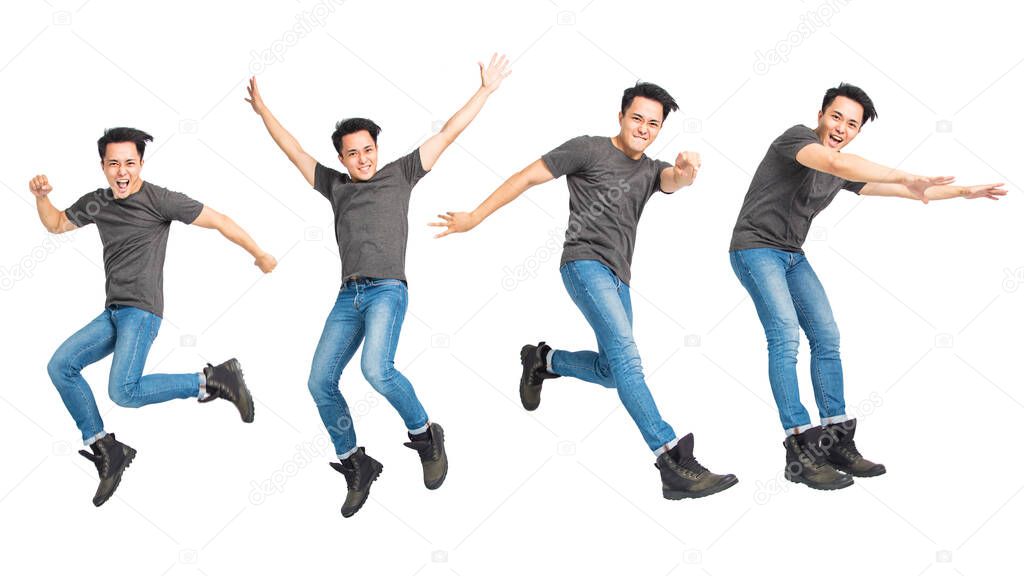  cheerful young man  jumping over white background