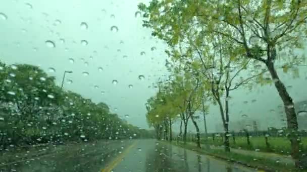 Vista Del Camino Través Ventana Del Coche Con Gotas Lluvia — Vídeo de stock