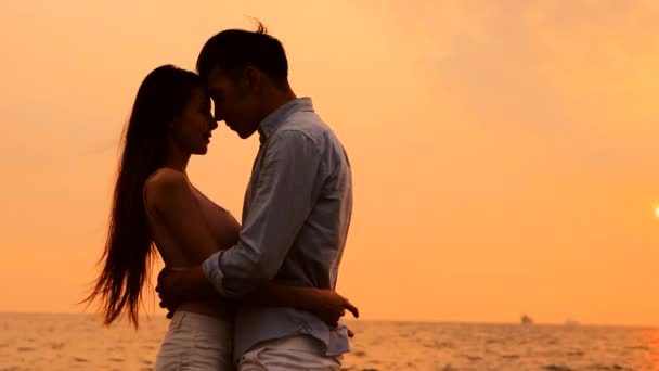 Romantisch Jong Paar Knuffels Het Strand Bij Zonsondergang — Stockvideo