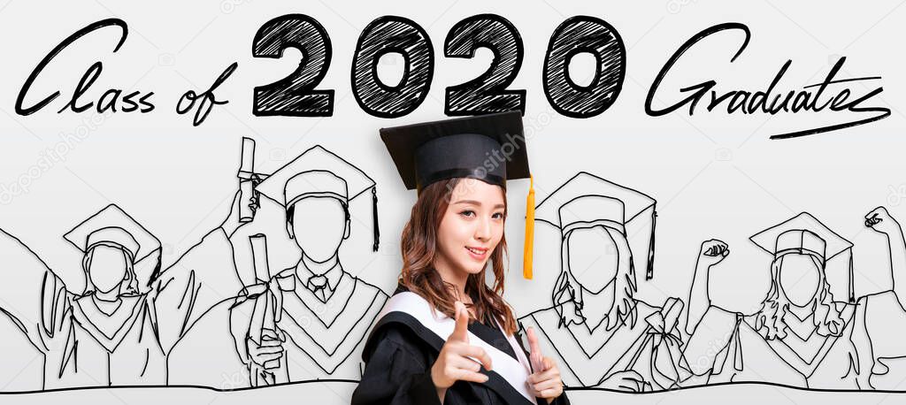  young woman in graduation gowns and showing class of 2020 concepts