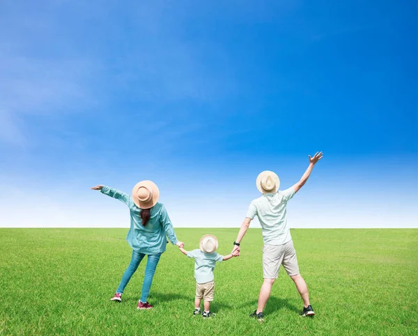 Mutlu Bir Aile Çimlerin Üzerinde Durup Gökyüzünü Izliyor — Stok fotoğraf