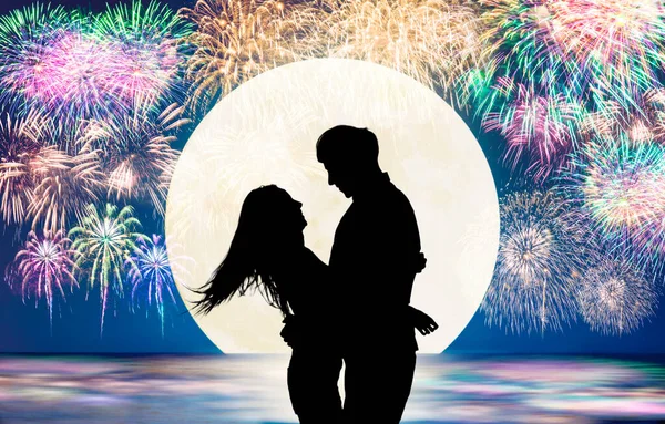 Romantic Young Couple Hug Beach Fireworks Background — Stock Photo, Image