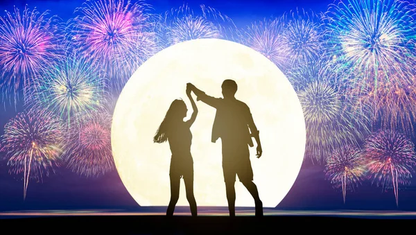 Happy Romantic Young Couple Dancing Beach Watching Fireworks — Stock Photo, Image
