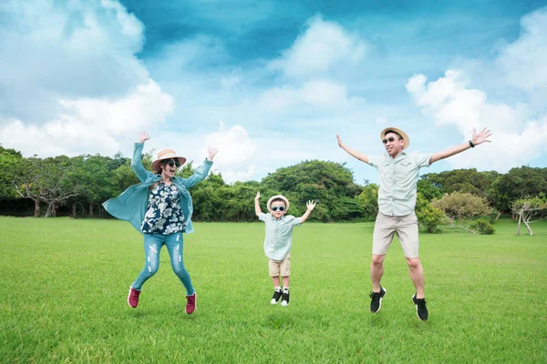 幸せな家族は草の上を飛び回って夏休みを楽しむ — ストック写真