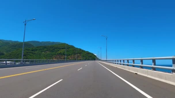 Driving Mountain Coastline Highway Blue Sky Background Pov — Stock Video