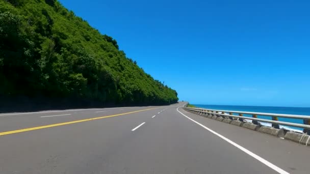 Driving Mountain Coastline Highway Blue Sky Background Pov — Stock Video