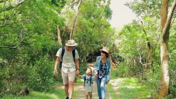 Šťastná Rodinná Turistika Lesem — Stock video