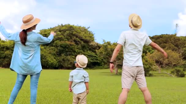 Happy Family Standing Grass Watching Cloud Background — Stock Video