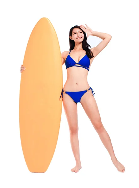 Beautiful Young Woman Bikini Standing Surfboard — Stock Photo, Image