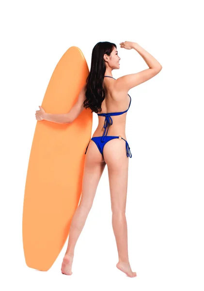 Rear View Beautiful Young Woman Bikini Standing Surfboard — Stock Photo, Image