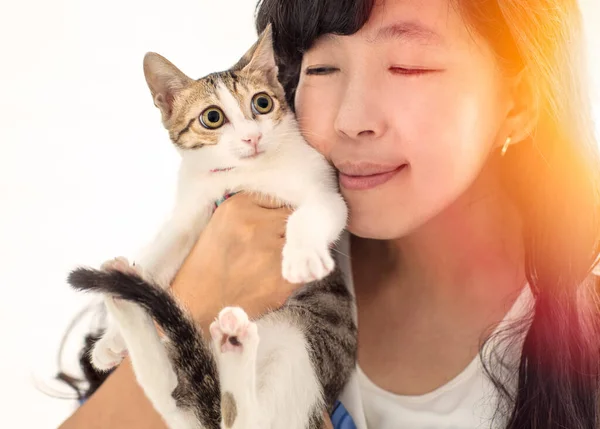 Woman Holding Cute Cat Resting Home — Stock Photo, Image