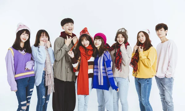 Happy Young People Winter Clothes Standing Together — Stock Photo, Image