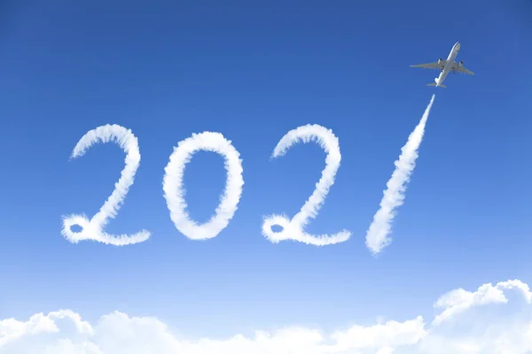 Heureux Nouveau Concept Année 2021 Dessin Nuages Par Avion Dans — Photo