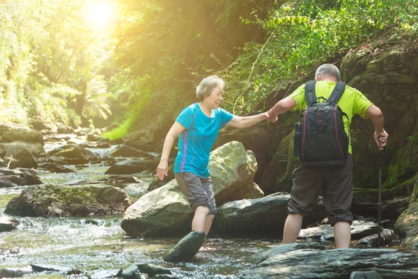 Asiatiska Senior Par Promenader Över Liten Flod Naturparken — Stockfoto